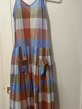 HUNTER BELL Blue and Tan Striped Maxi Dress